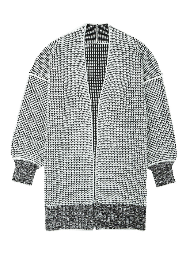 Gray Plaid Knitted Long Open Front Cardigan