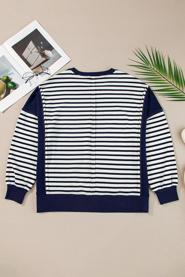 White Stripe Color Block Exposed Seam Loose Fit Sweatshirt