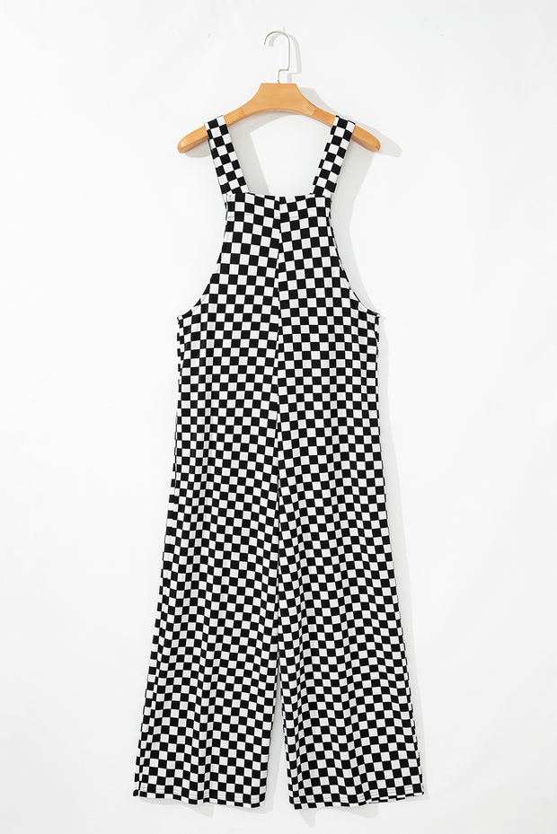 Black Checkered Print Pocketed Wide Leg Jumpsuit