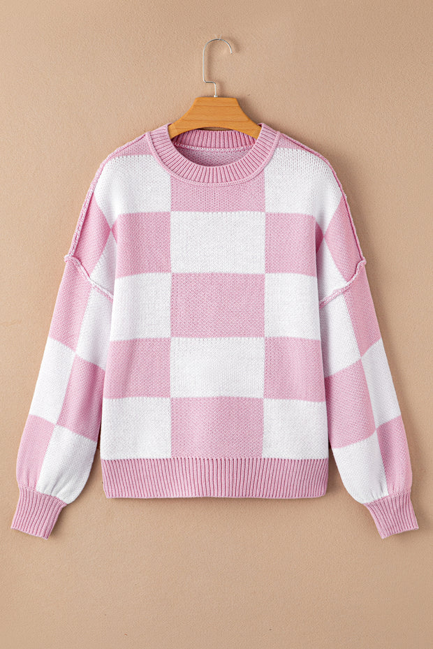 Pink Checkered Bishop Sleeve Sweater