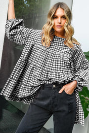 Black Checkered Puff Sleeve Tiered Loose Babydoll Blouse