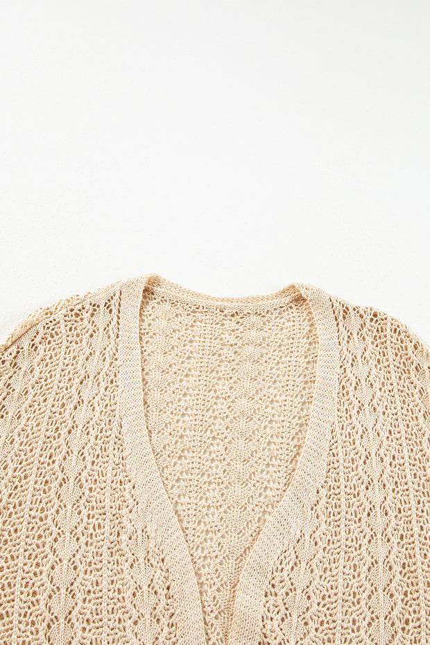 Apricot Hollow Out Knit Drop Shoulder Open Front Cardigan