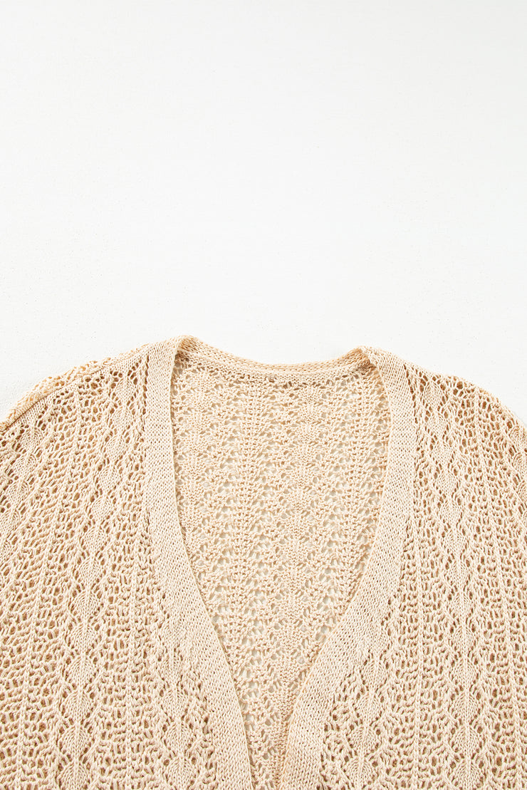 Apricot Hollow Out Knit Drop Shoulder Open Front Cardigan