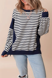 White Stripe Color Block Exposed Seam Loose Fit Sweatshirt