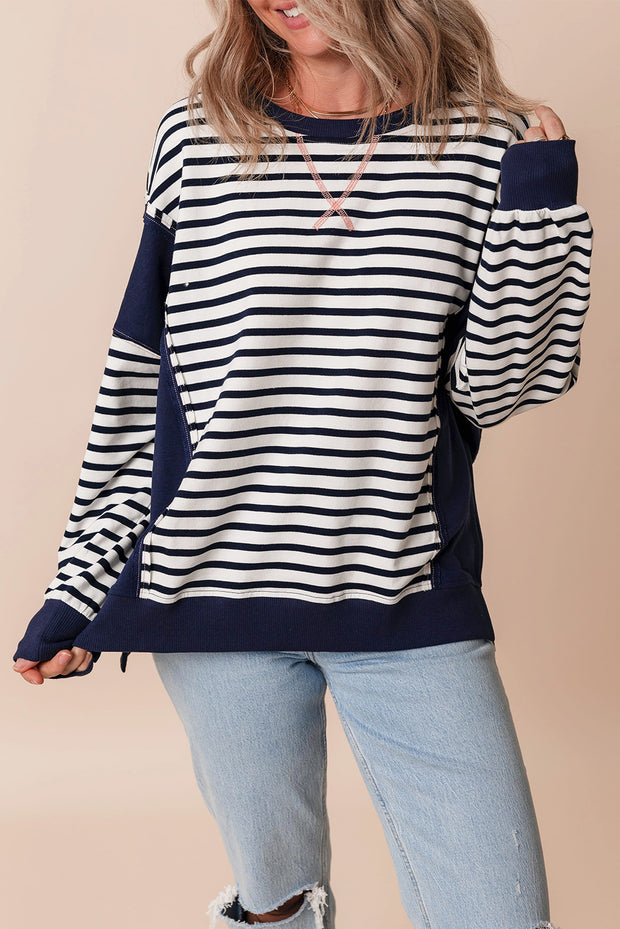 White Stripe Color Block Exposed Seam Loose Fit Sweatshirt