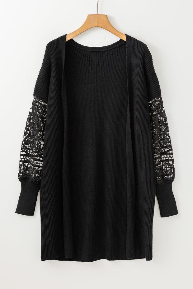 Black Crochet Lace Sleeve Ribbed Knit Cardigan