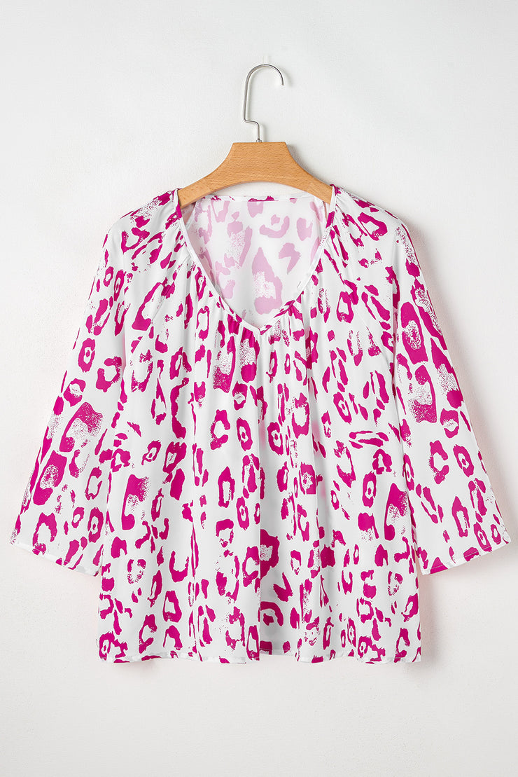 Rose Leopard Print Ruched V Neck 3/4 Sleeve Blouse