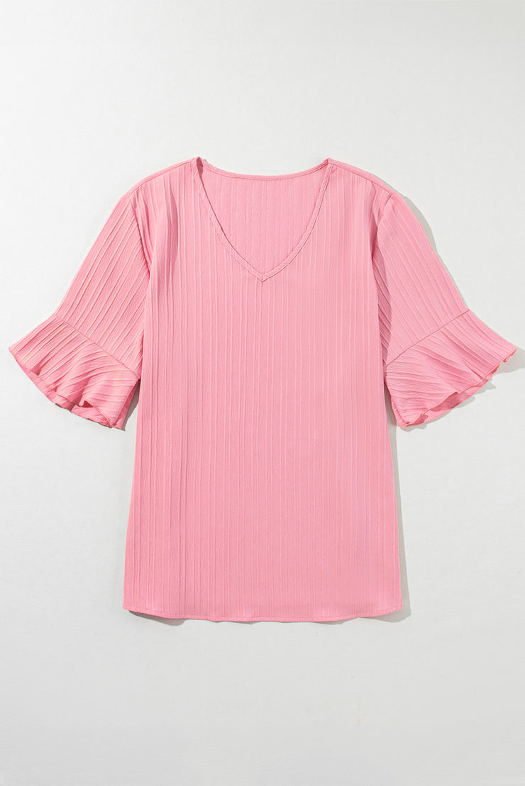 Peach Blossom Ruffled Half Sleeve V Neck Textured Plus Top