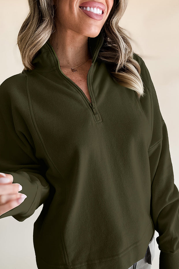 Jungle Green Zipped Neck Pullover Drop Shoulder Sweatshirt