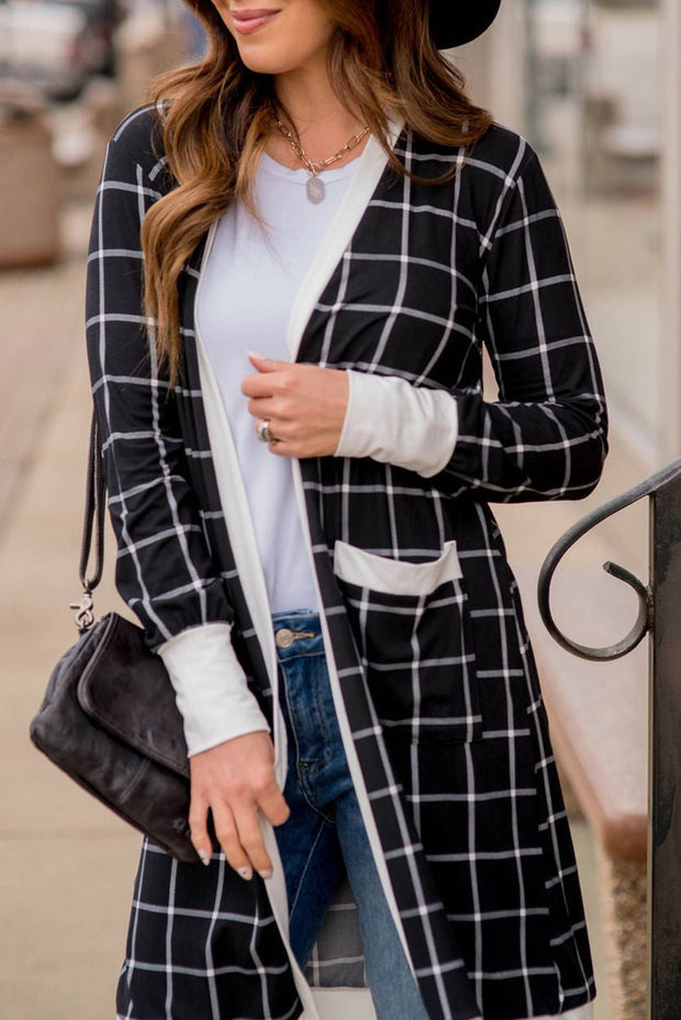 Black Plaid Colorblock Edge Open Cardigan with Pocket