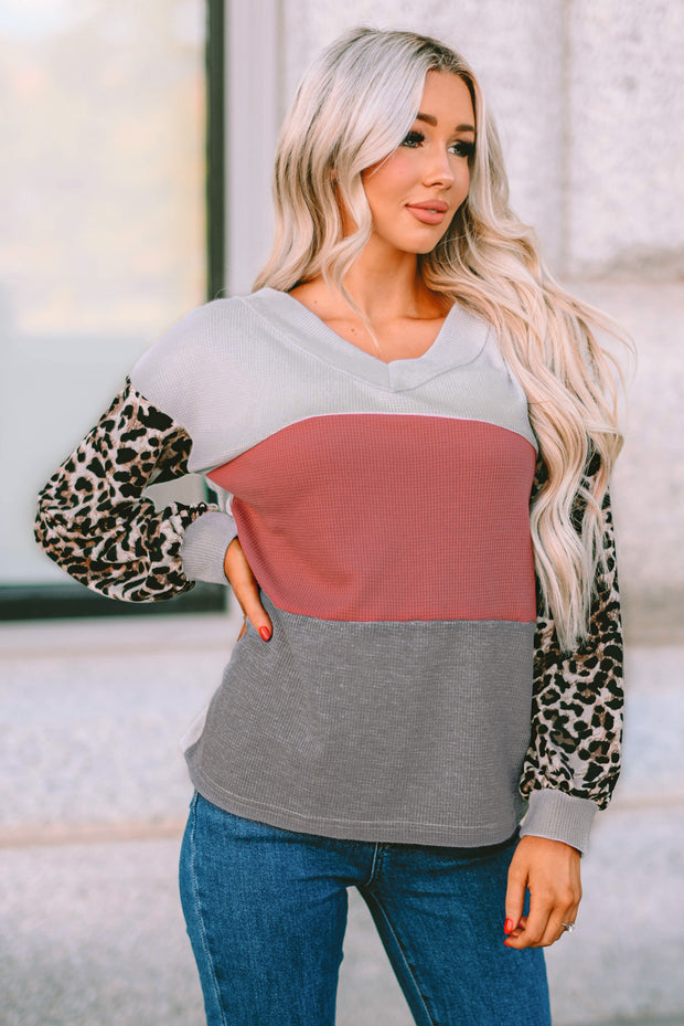 Fiery Red Wild Leopard Contrast Sleeve Colorblock Waffle Knit Top