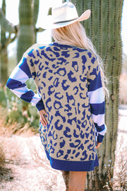 Dark Blue Stripe Sleeve Leopard Print Open Front Cardigan With Pockets