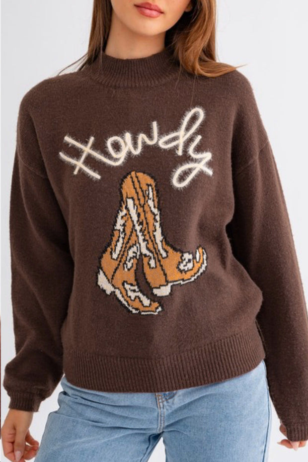 Coffee Western Howdy Boot Graphic High Neck Sweater