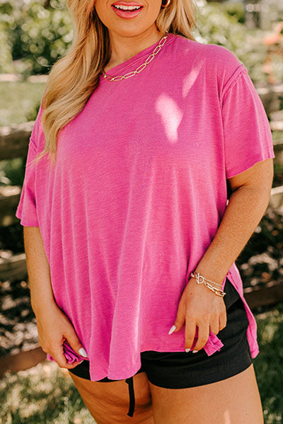 Coral Plus Size Solid Color Drop Shoulder Side Split T Shirt