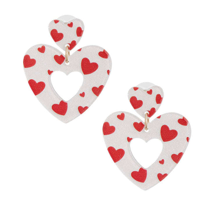 White Red Glitter Heart Earrings