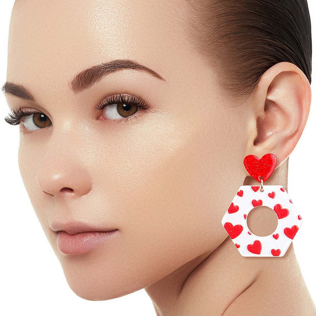 White Hexagon Heart Earrings