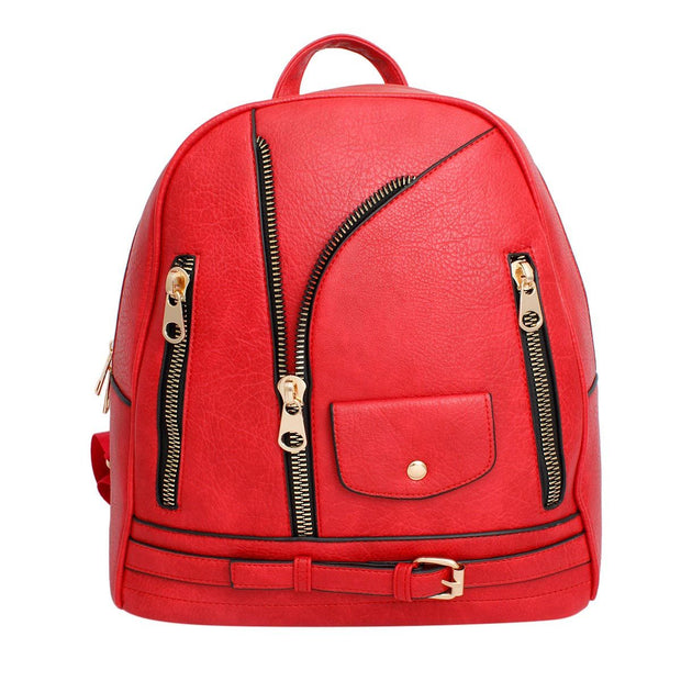 Moto Backpack Red Zipper Medium Bag for Women