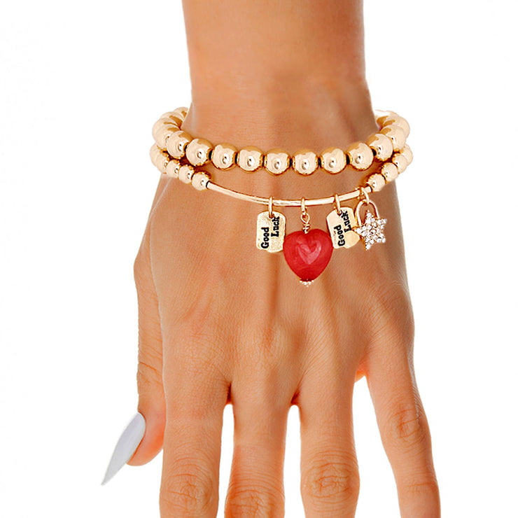 Gold Bead 2 Pcs Love Lock Bracelets