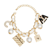 Bracelet White Woven Gold C No 5 Charms Women