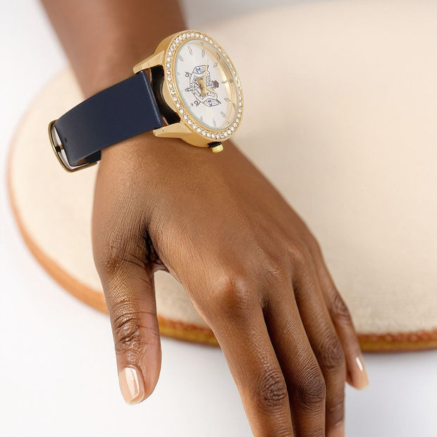 SGRHO Blue Leather Gold Sun Cut Dial Watch Women