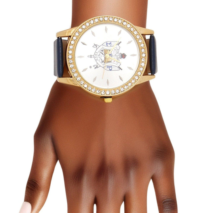 SGRHO Blue Leather Gold Sun Cut Dial Watch Women