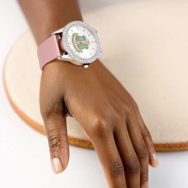 AKA Pink Leather Silver Sun Cut Dial Watch Women