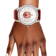 DST Red Leather Silver Sun Cut Dial Watch Women