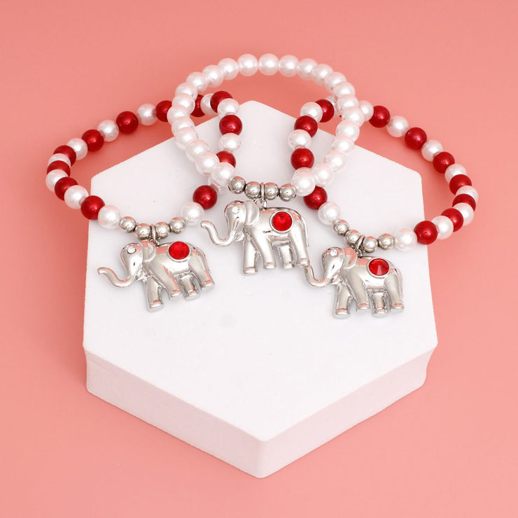 DST Red White Pearl Elephant Charm Bracelets