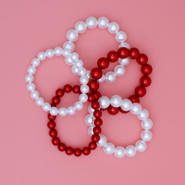 DST Red White Pearl Stretch 5 Pcs Bracelets Women