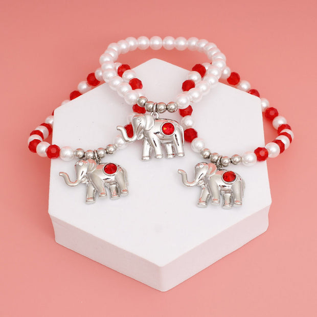 DST Red White Glass Bead Elephant Charm Bracelets