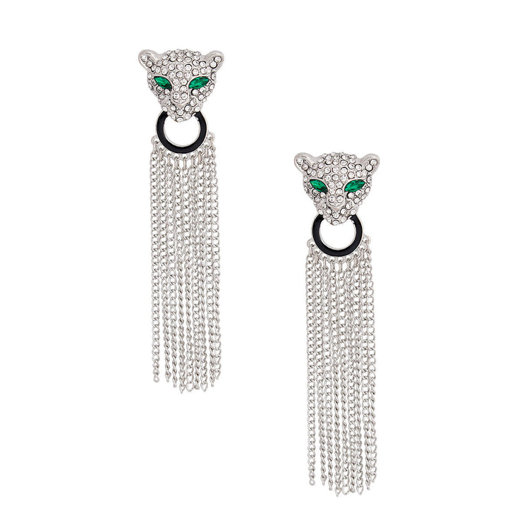 Silver Leopard Fringe Tassel Earrings