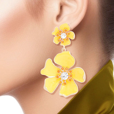 Drop Yellow Gold Tropical Flower Earrings Women