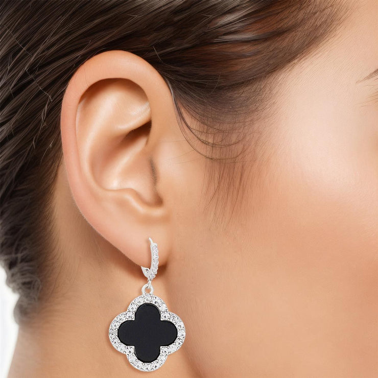 Hoop Black Clover Silver Huggie Earrings for Women