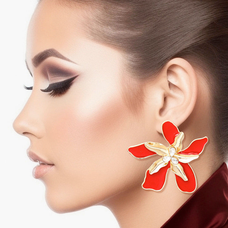 Studs Red Gold Tropical Flower Earrings for Women