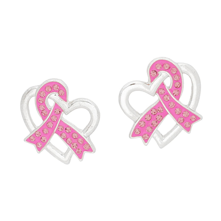 Studs Silver Pink Ribbon Looped Heart Earrings