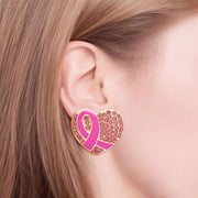 Studs Gold Heart Pink Stone Cancer Ribbon Earrings