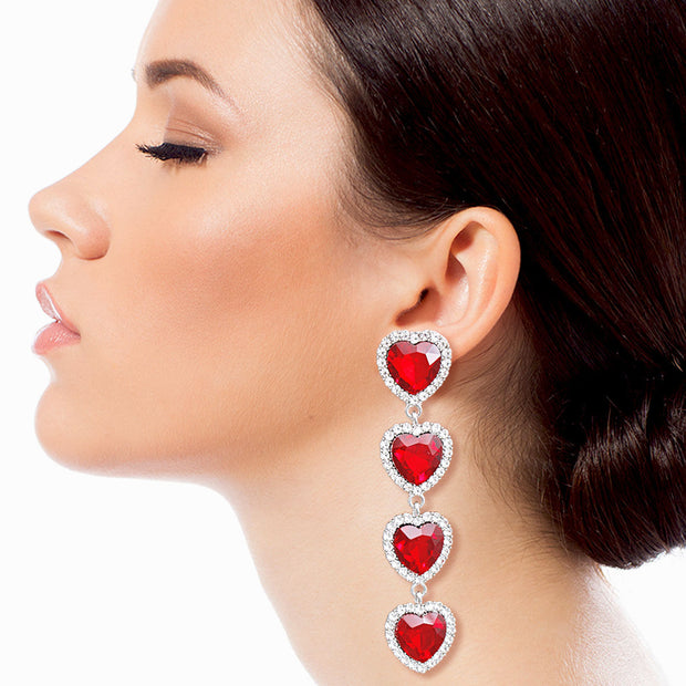 Red Crystal Quad Heart Earrings