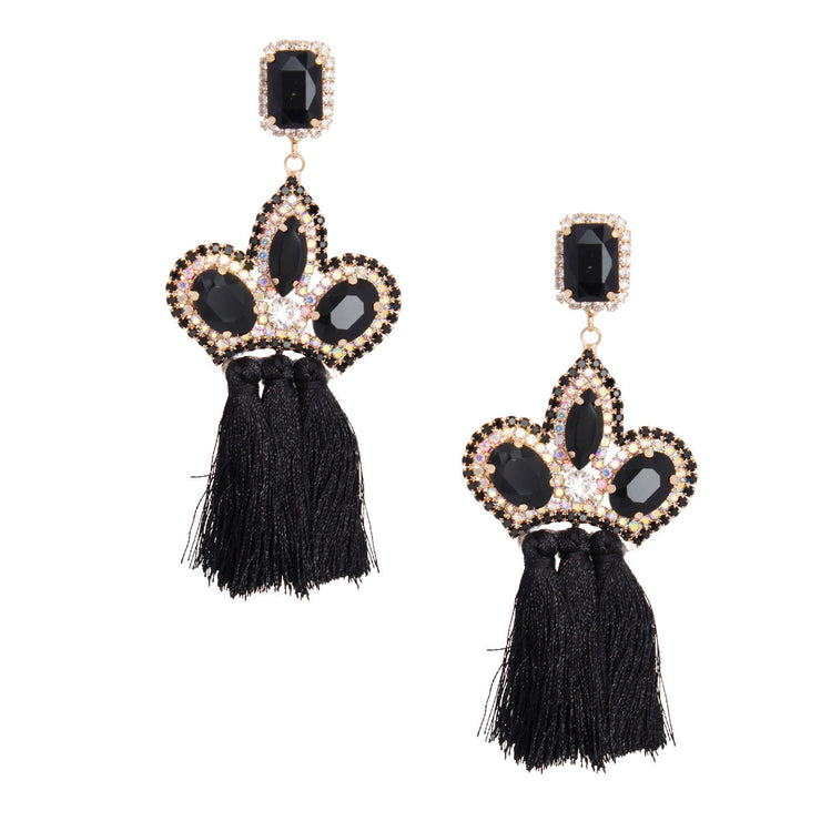 Black Triple Tassel Stone Earrings