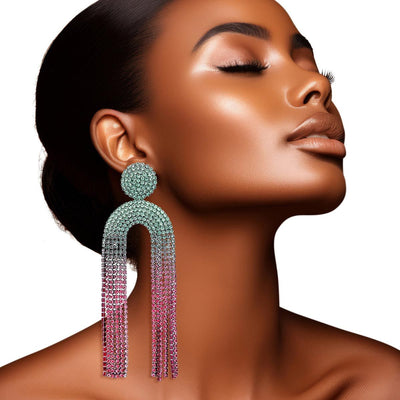 AKA Fringe Pink Green Long Arched Earrings