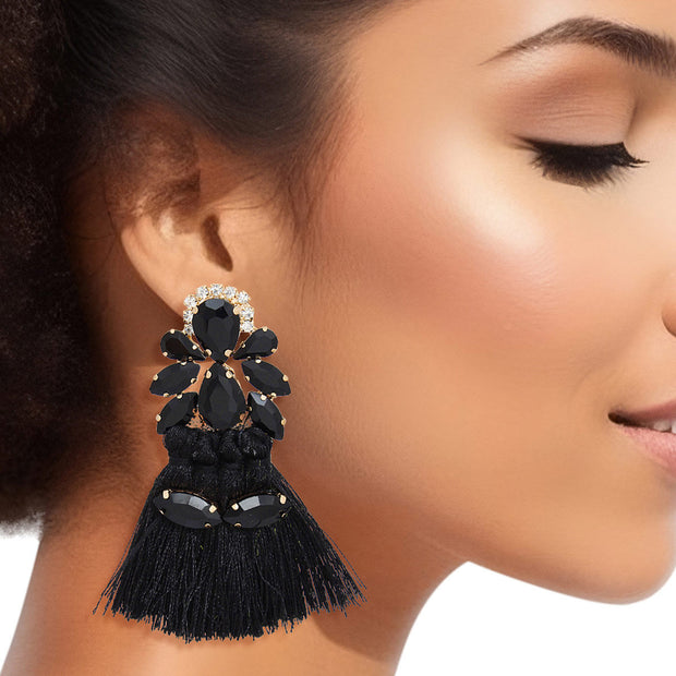 Tassel Black Crystal Medium Earrings for Women