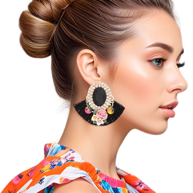 Studs Black Crystal Fan Tassel Floral Earrings