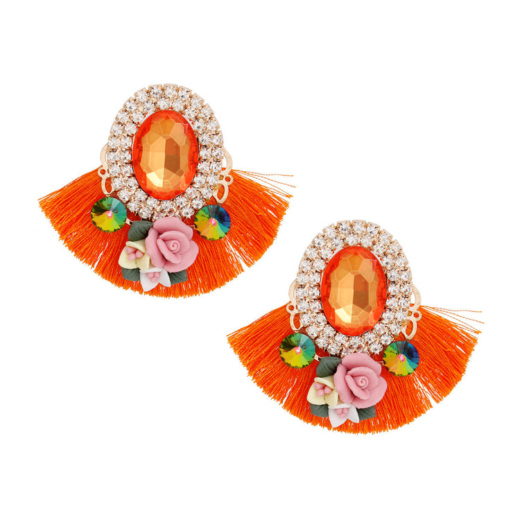 Studs Orange Crystal Fan Tassel Floral Earrings