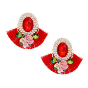 Studs Red Crystal Fan Tassel Floral Earrings