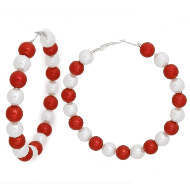 DST Sorority Red White Pearl Hoops for Women