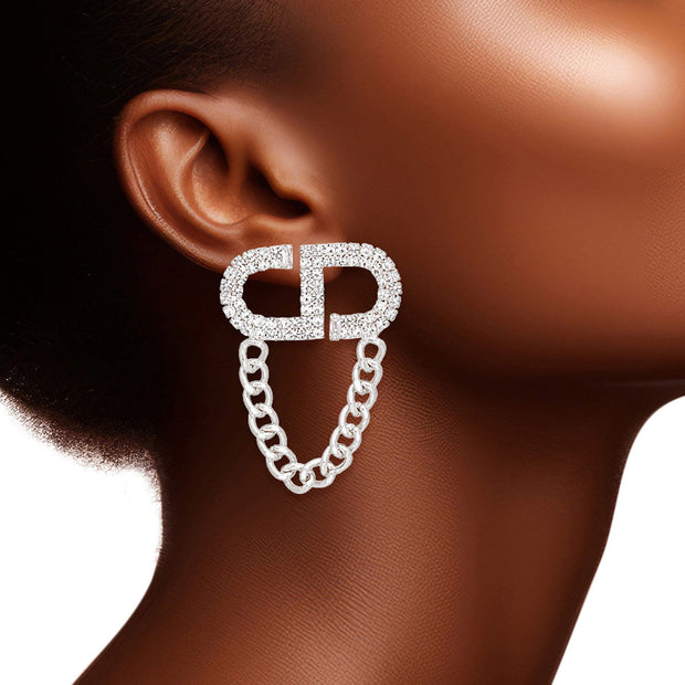 Studs Silver Pave CD Draped Chain Earrings Women