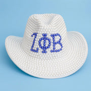 ZPB Sorority White and Blue Pearl Fedora Hat Women