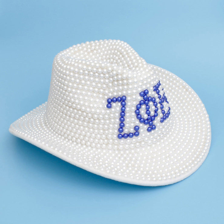 ZPB Sorority White and Blue Pearl Fedora Hat Women