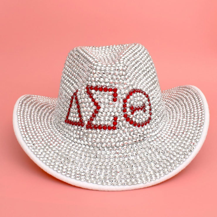 DST Sorority Silver Red Rhinestone Fedora Hat