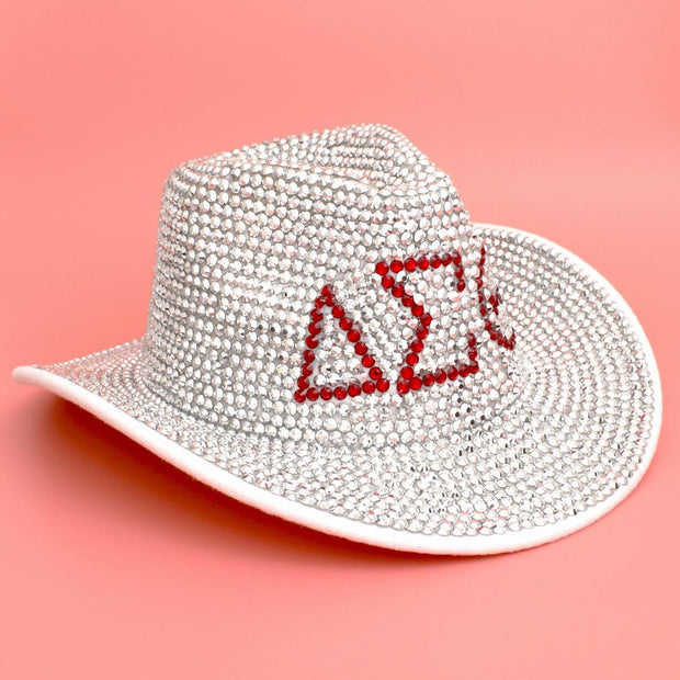 DST Sorority Silver Red Rhinestone Fedora Hat