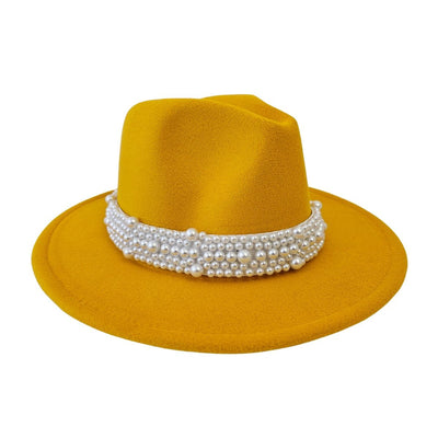 Yellow Fedora White Pearl Band Hat Women